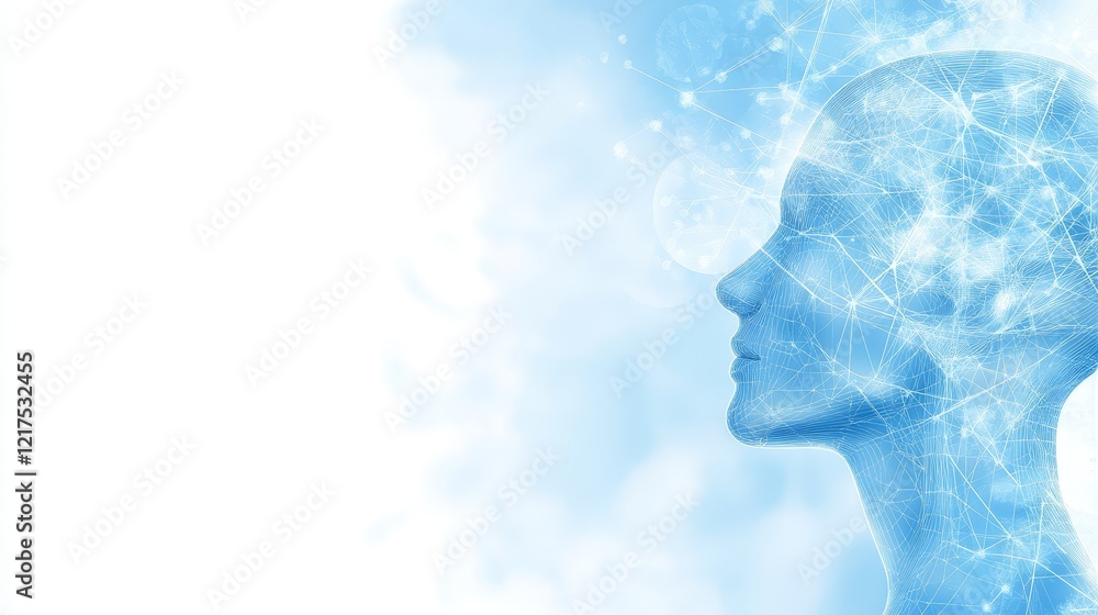 Poster abstract head, intricate network of lines and dots symbolizing connection technology