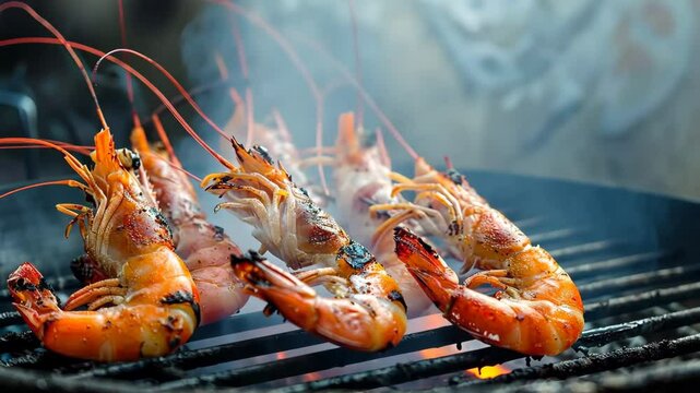 Jumbo Shrimp Scampi Sauteed in Butter and Olive Oil. Healthy food cooking. Delicious hot prawns Shrimps roasted on grill with steamed smoke. Grilling seafood. BBQ Shrimp with herbs, garlic and lemon.