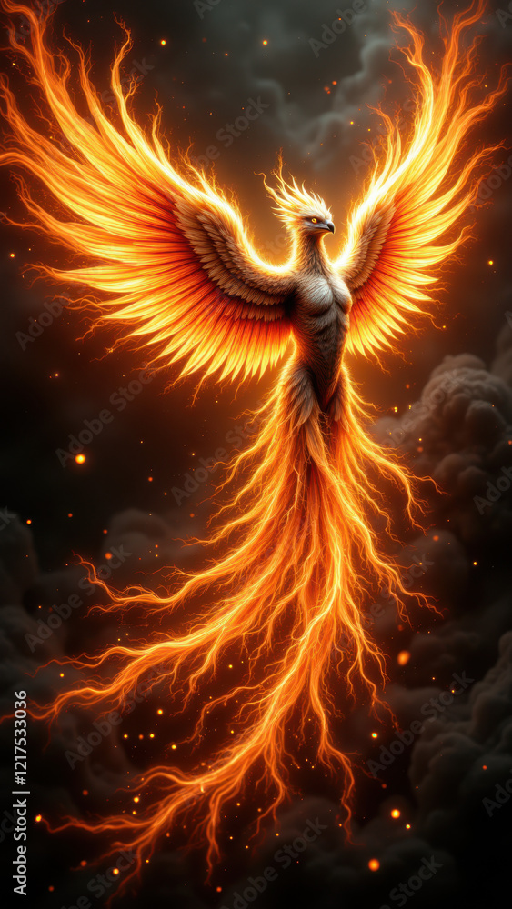 Poster flaming phoenix soaring through a fiery explosion with metal-like texture background.