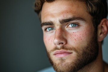 Fototapeta premium Young man with striking blue eyes and freckles gazes thoughtfully during a quiet moment