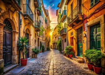Obraz premium A beautiful Mediterranean city's historic buildings line sunlit alleyways, creating a picturesque travel photography scene.