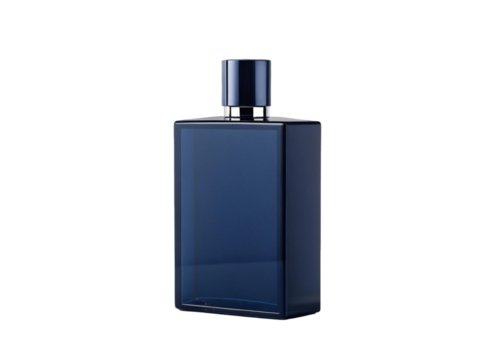 Perfume bottle. Dark blue glass perfume bottle mockup on white background. Isolated. Space for copy. Png.