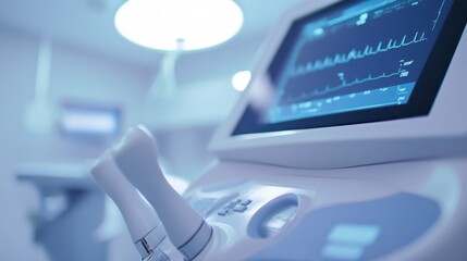 A detailed close-up of a state-of-the-art ultrasound machine in a modern diagnostic room with bright lighting and clean surfaces, Clinical style, photo of
