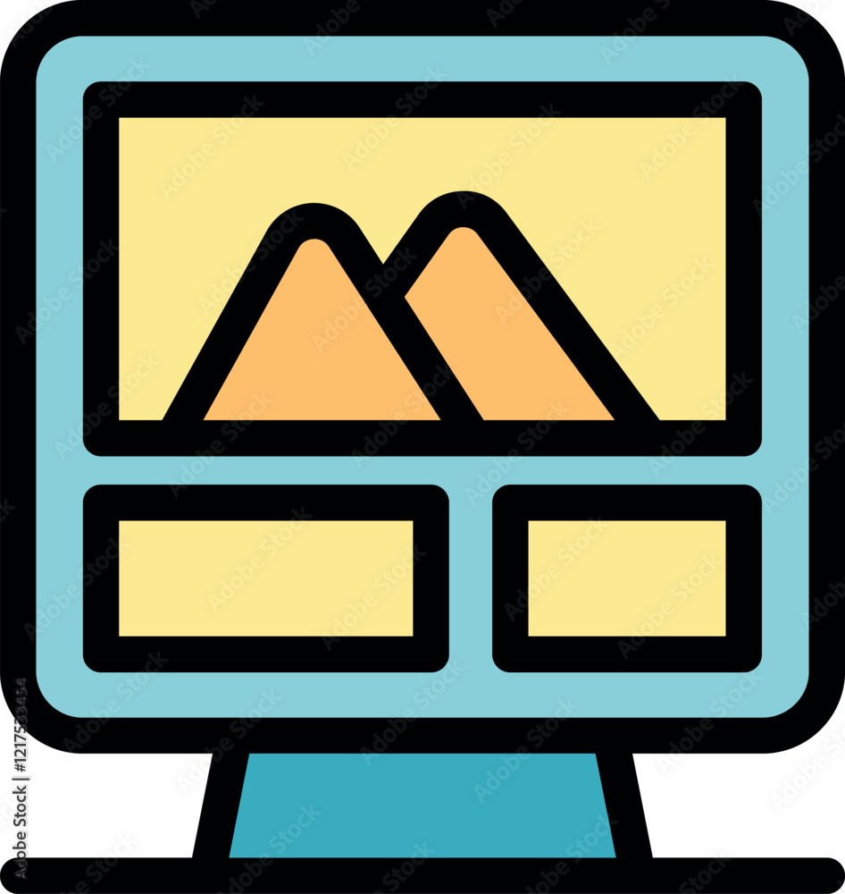 Poster web design project showing mountains on computer screen with layout elements, ideal for showcasing d