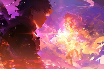Anime Couple Embraces Glowing Celestial Energy