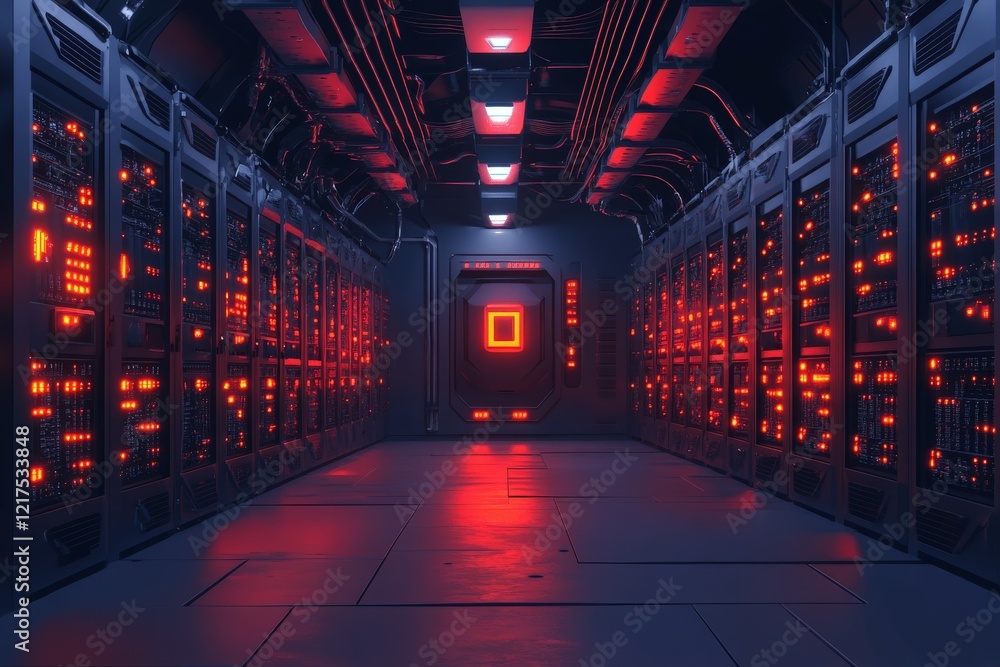 Poster advanced data center with illuminated servers emitting red light in a futuristic environment at nigh