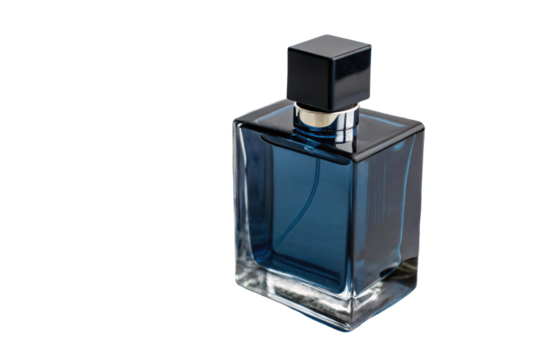 Perfume bottle. Dark blue glass perfume bottle mockup on white background. Isolated. Space for copy. Png.