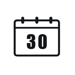 Simple black calendar icons with 30 date isolated on white background