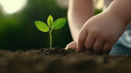 Child's Hands Planting Seedling Close-up Photography of a Young Sapling in Soil, Environmental Conservation Concept, Nature, Growth Environmentalism, Sustainability
