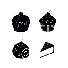 delicious cup chocolate cheese birthday cream cake  pudding and bakery baked food item silhouette icon collection set vector art flat design illustrations