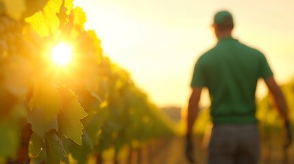 Fototapeta premium Golden Hour Vineyard Close-up Leaves, Blurred Farmer, Sunset, Winemaking, Agriculture Vineyard, Winery