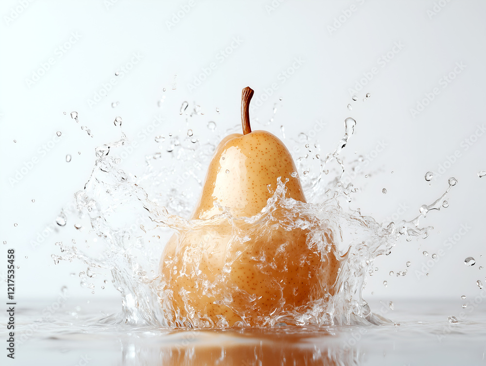 Poster a pear splashing into water, creating a captivating burst of droplets, highlighting the freshness an