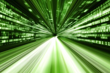 Green Light Tunnel with Binary Code on Walls: Fast Data Transfer and Technology in Virtual Digital Space