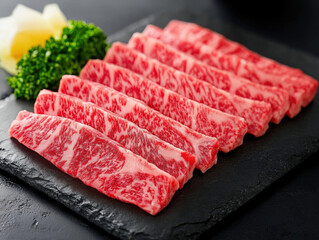 Premium sliced beef arranged on a dark slate plate with fresh garnishes ready for grilling or cooking