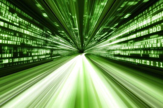 Green Light Tunnel with Binary Code on Walls: Fast Data Transfer and Technology in Virtual Digital Space