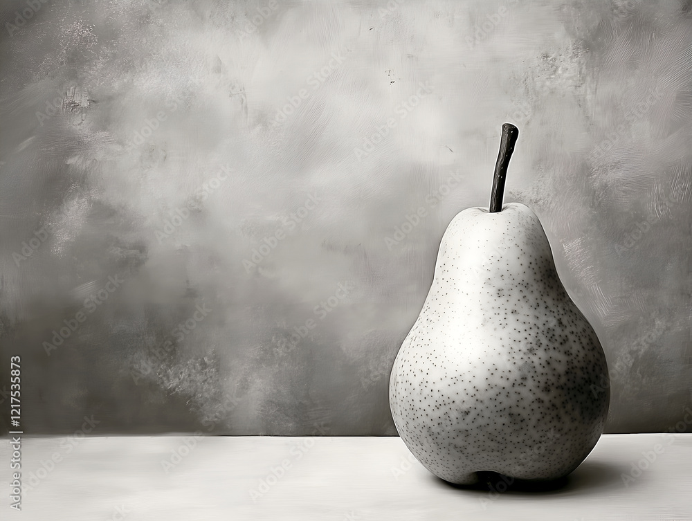Poster single pear still life with minimalist aesthetic on textured grey background. minimalist style empha