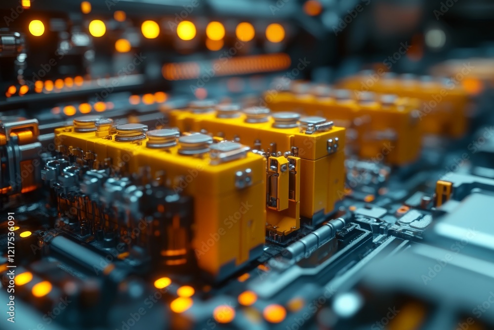 Poster detailed view of circuit board with vibrant orange components illuminated by soft lighting