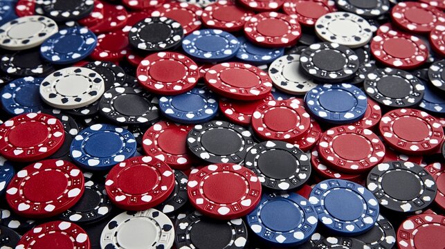 Pile of red, blue, black, and white poker chips.