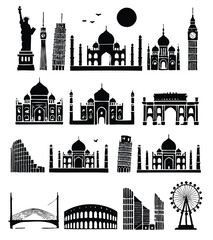 minimalist black and white silhouettes of various famous landmarks with clear lines on a white background. Big set of famous monuments and landmarks of the world. 