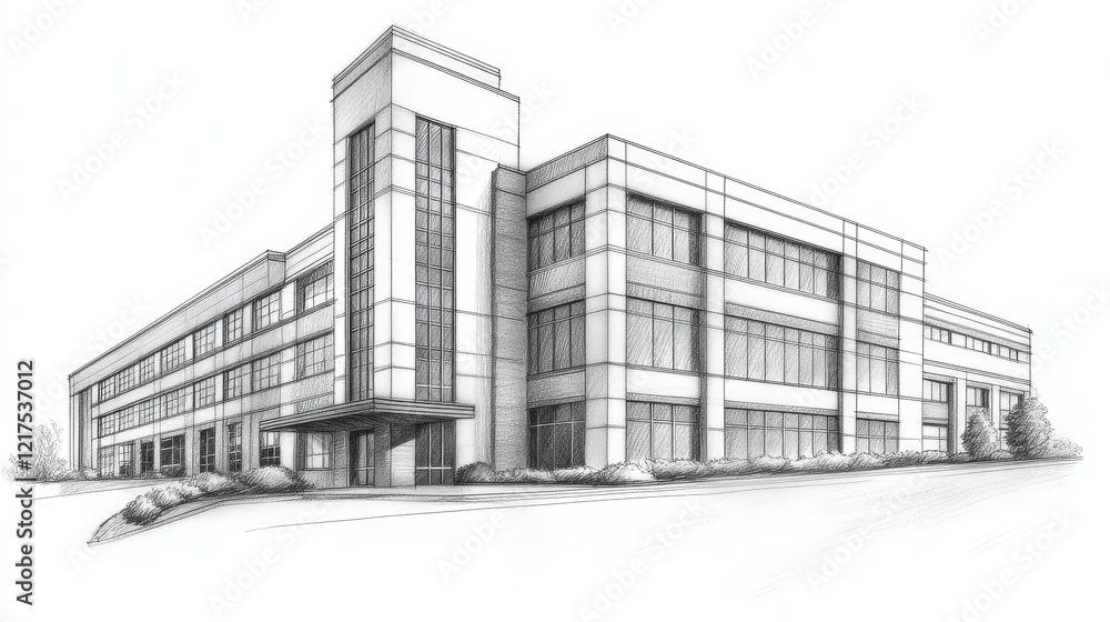 Poster intricate architectural sketch, detailed rendering of a modern multistory building with numerous