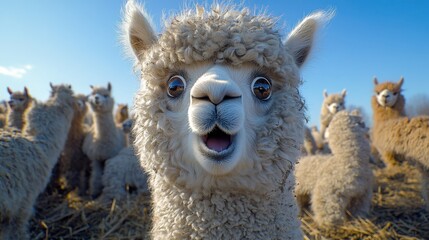Obraz premium Adorable Surprised Alpaca Close Up with Herd in Background Sunny Day Farm