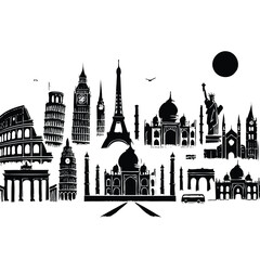 minimalist black and white silhouettes of various famous landmarks with clear lines on a white background. Big set of famous monuments and landmarks of the world. 