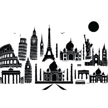 minimalist black and white silhouettes of various famous landmarks with clear lines on a white background. Big set of famous monuments and landmarks of the world. 