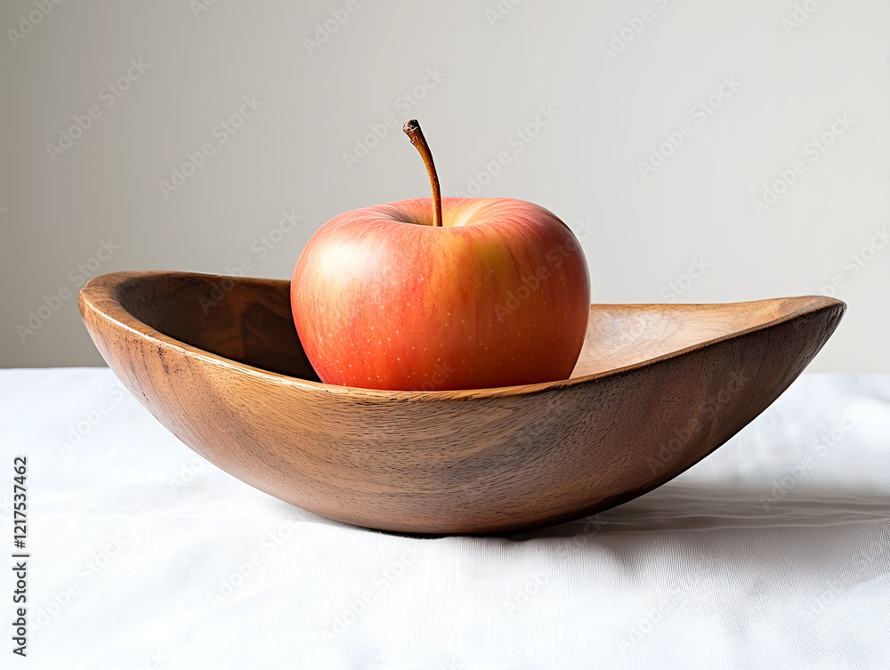 Poster a solitary red apple resting in a rustic wooden bowl, capturing a simple and elegant still life phot