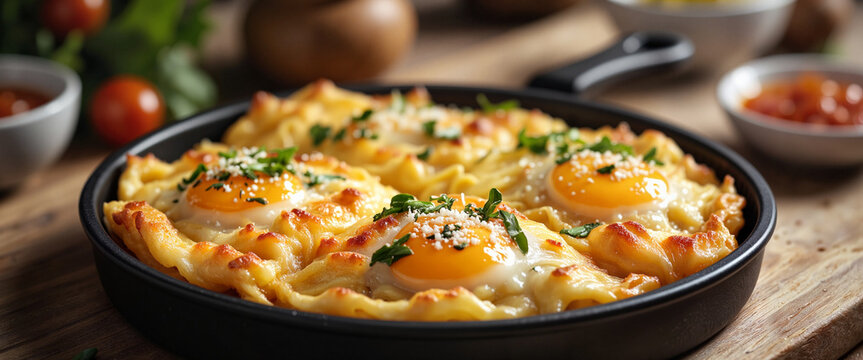 Golden provoleta with eggs in skillet on kitchen table, comfort food