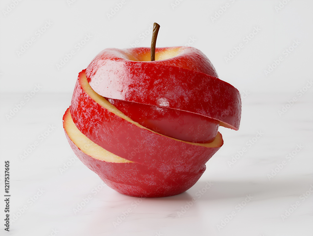 Poster a red apple sliced into thin pieces with its slices forming a swirl around the whole apple, highligh