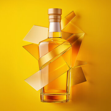 Whiskeyflasche auf gelbem Hintergrund, goldbraun, Etikett, elegant, minimal, Produktfotografie