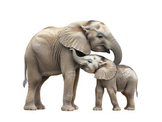Fototapeta premium Mother elephant nuzzling calf on transparent background.