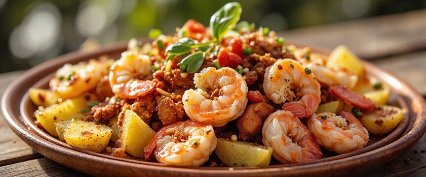 Delicious chupe de camarones with shrimp and vegetables on plate, comfort food