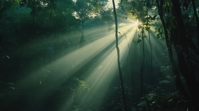 Sunbeams Illuminate Lush Green Tropical Rainforest Canopy