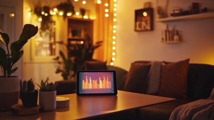 Modern Indoor Space with Tablet Displaying Colorful Bar Graph in Cozy Ambient Lighting, Perfect for Business or Home Office Use, Showcasing Technology in a Relaxed Environment