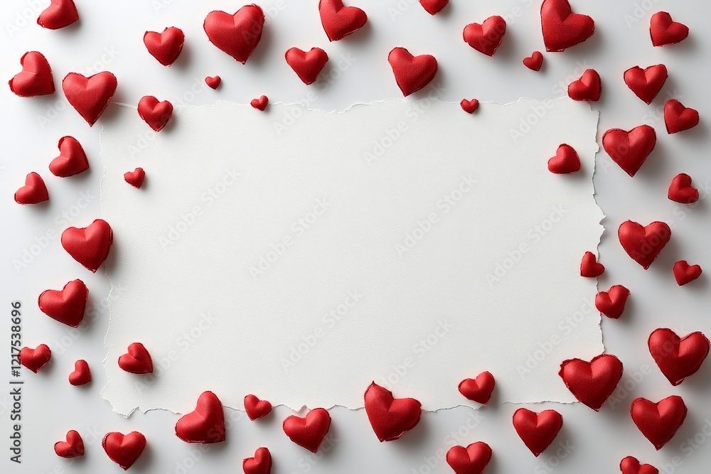 Poster red hearts surround a blank space suitable for messages or invitations, creating a festive and roman