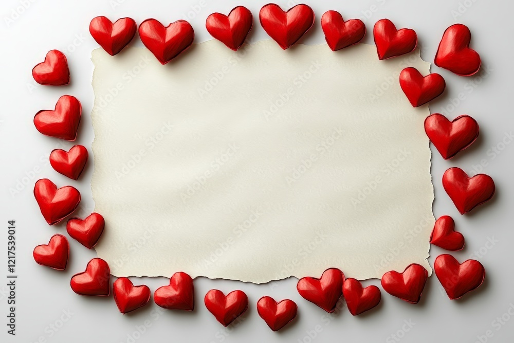 Poster decorative red hearts surrounding a blank space for messages or notes on a neutral background