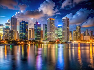 Naklejka premium A breathtaking panorama: Miami's nighttime cityscape glows, a stunning high-resolution view of Florida's amazing lights.