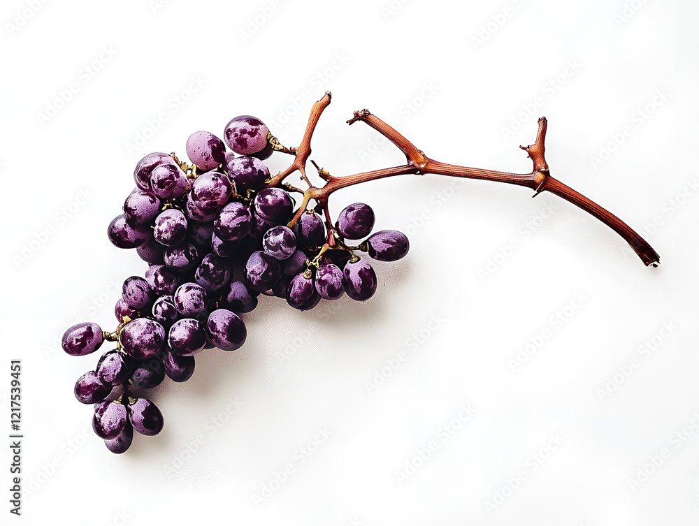 Poster minimalistic composition of a fresh grape branch with deep purple grapes isolated on a white backgro
