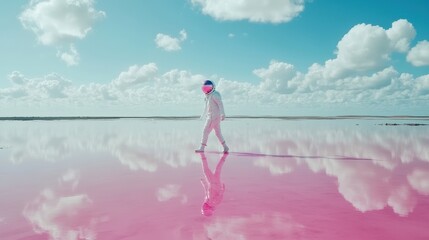 Astronaut walking on a pink reflective lake under a blue sky