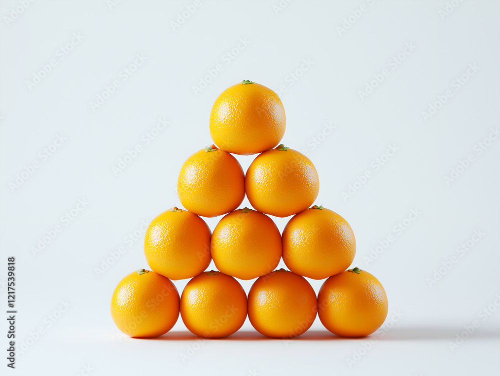 Poster a pyramid shaped arrangement of ten whole oranges against a light grey background in a minimalistic 