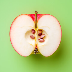 Half a red apple, seeds visible, on a green background, clean and minimalist composition