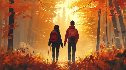 Couple hiking through an autumn forest, bonding and exploration in nature  