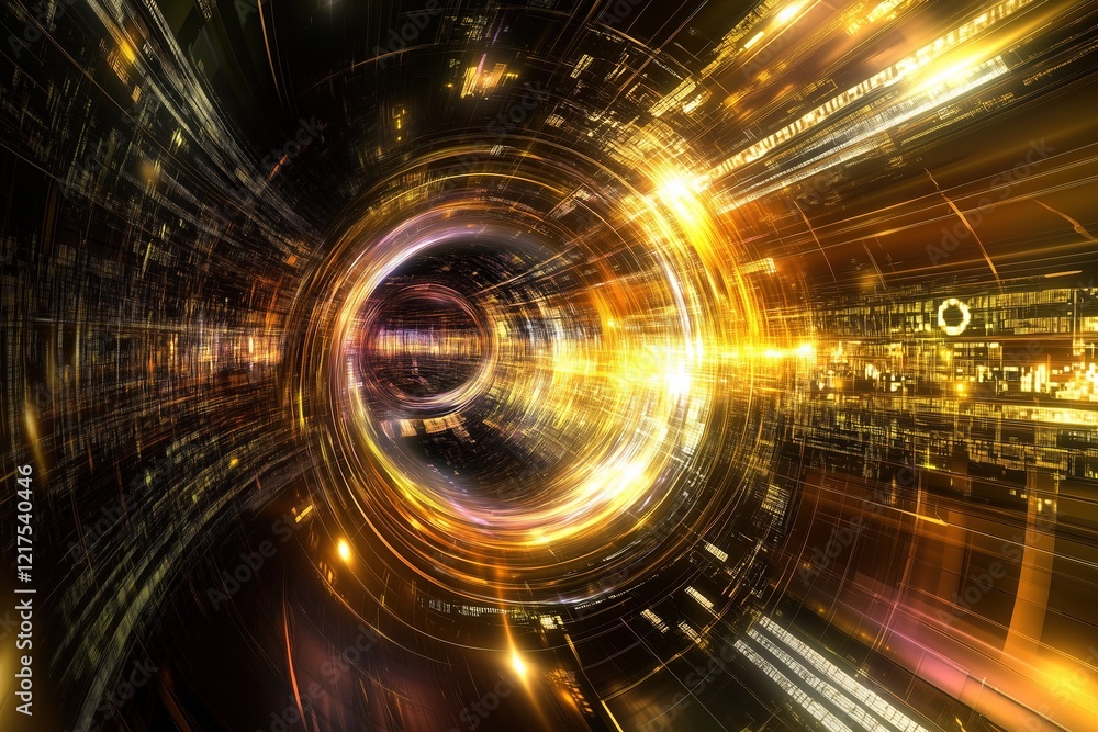 Aufkleber futuristic golden light tunnel in dark space: abstract background for digital technology and high-sp