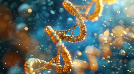Shimmering spiral of yellow DNA double helix with light bokeh and bubbles, creating a serene blue backdrop