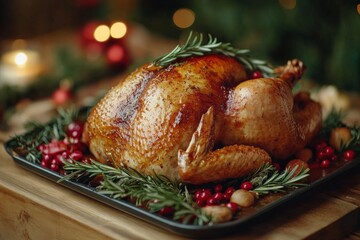 Roasted turkey garnished with herbs and cranberries served on a festive table during a holiday gathering