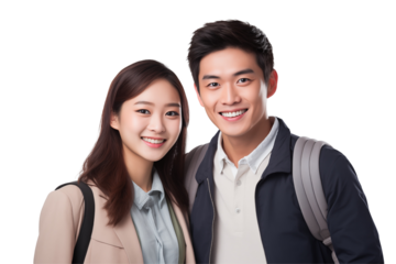 Group of cheerful Asian students smiling together on transparent background, representing diversity, positivity, and collaboration in a university or academic setting. Png cut out. Isolated images.