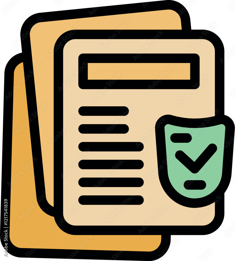 Poster stack of business documents with a security shield and check mark, symbolizing approval, verificatio