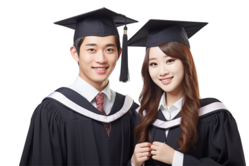 Group of cheerful Asian students smiling together on transparent background, representing diversity, positivity, and collaboration in a university or academic setting. Png cut out. Isolated images.