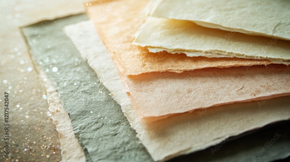 Aufkleber a closeup of various textures of handmade paper being pressed in a small artisan paper studio highli